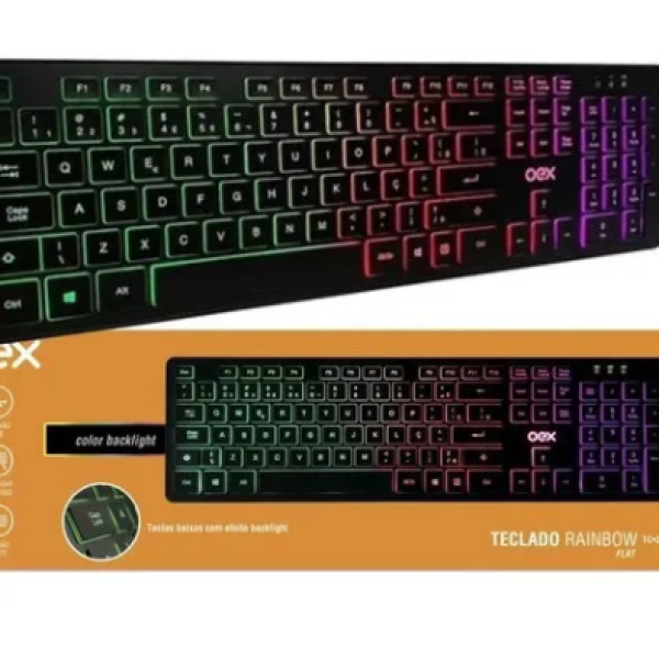 Teclado Gamer Oex Action Anti-ghosting Rainbow Flat Led Rgb Idioma Português Brasil Cor De Teclado Preto